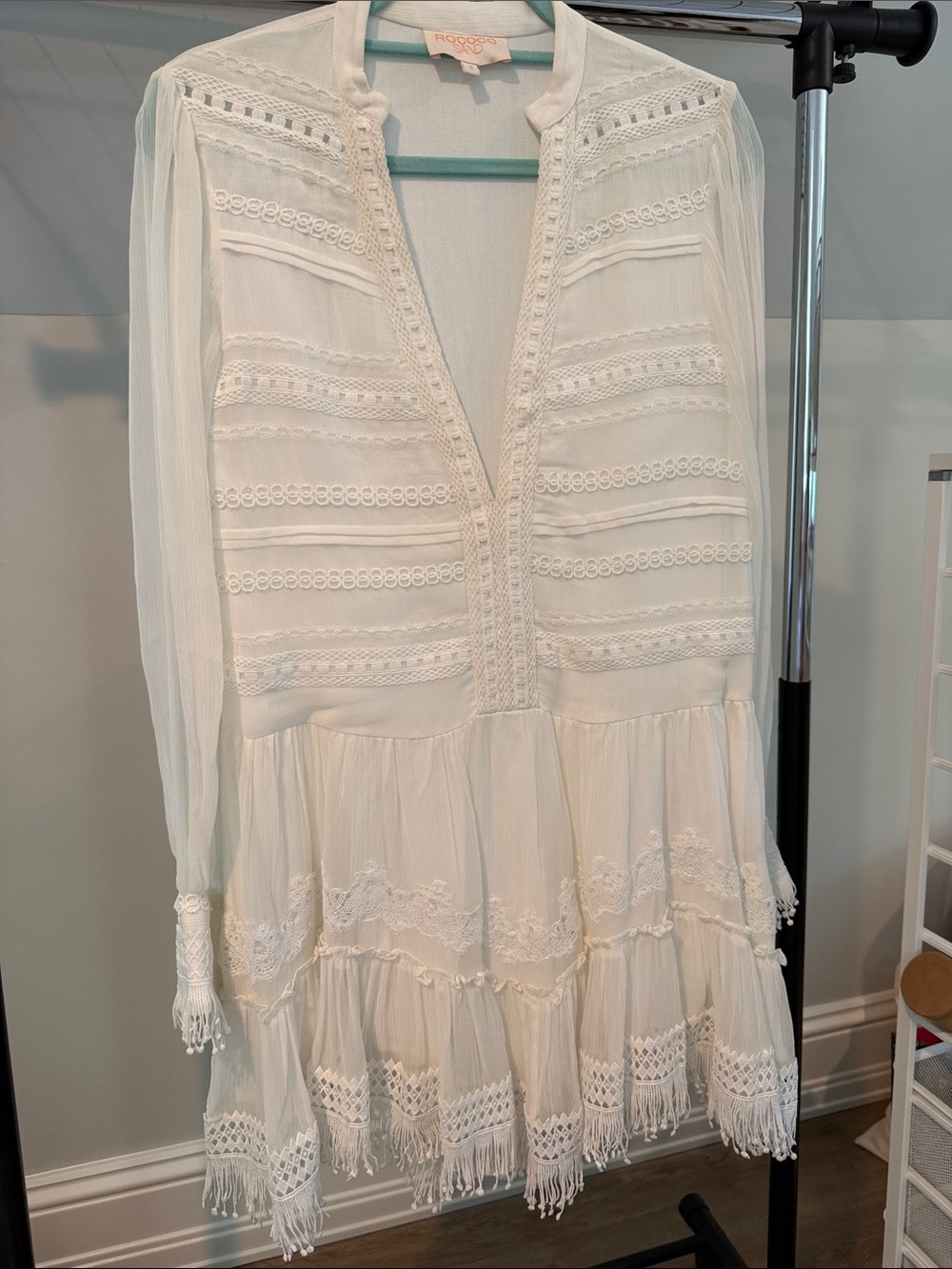 Rococo Sand Ivory Boho Lace Tiered Mini Dress